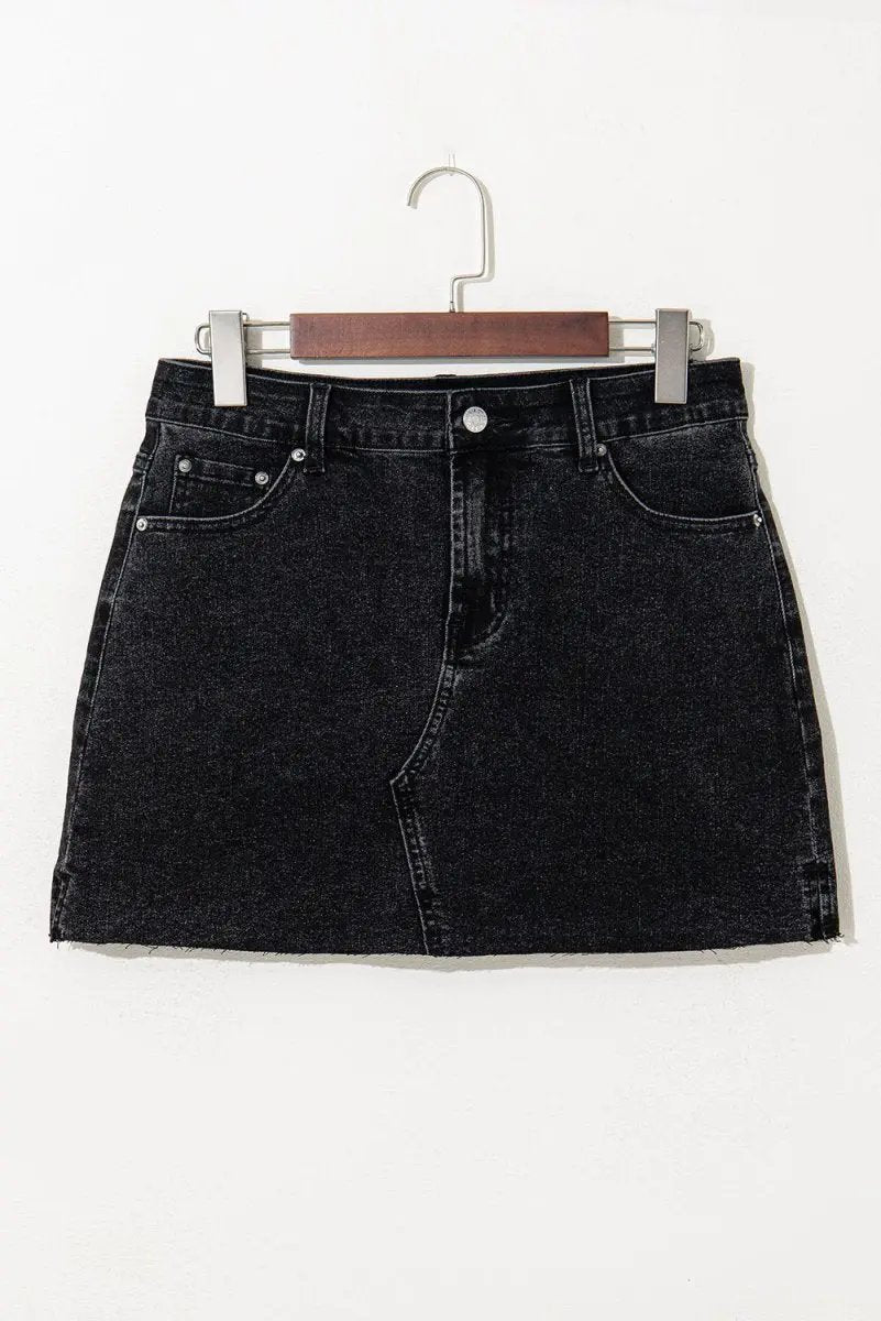 Carbon Grey Mineral Wash Ripped Raw Hem Denim Mini Skirt - Love Salve